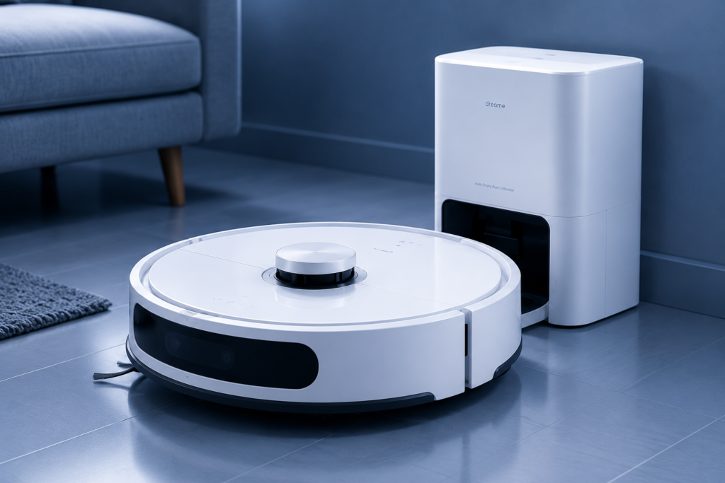 phòng khách hiện đại với robot hút bụi