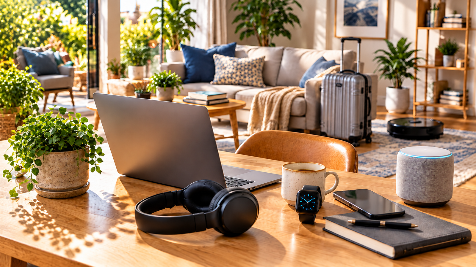 Everyday technology in a bright living room, including a laptop, headphones, smartwatch and smart speaker.